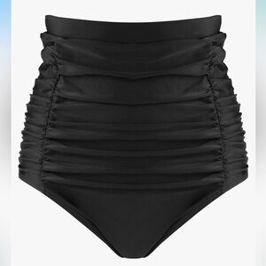 High-Waisted Black Ruched Bikini Bottom